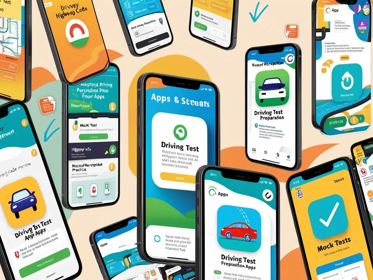 Plusieurs smartphones affichant des interfaces d’applications de préparation à l’examen du permis de conduire. Les écrans montrent des tests pratiques, des révisions du code de la route et des simulations d’examen. L’ambiance est colorée avec des designs modernes et des icônes intuitives.